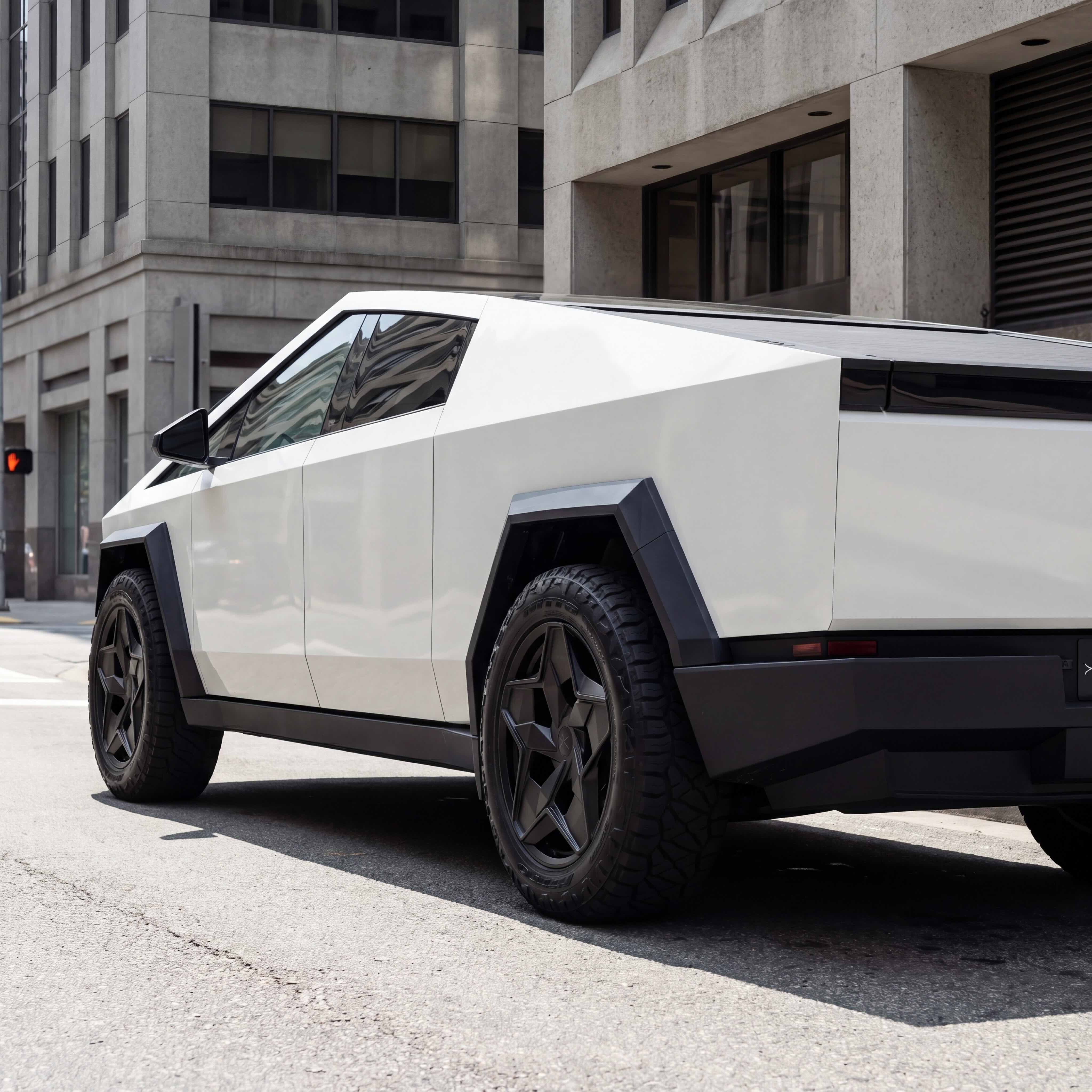 Apex on white Cybertruck in urban street